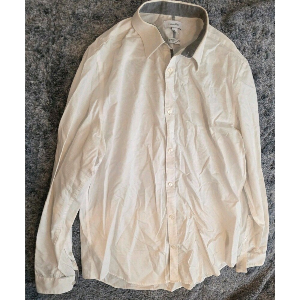 Calvin Klein Shirt Mens Medium White Wrinkle Free Infinite Slim Fit Button Up